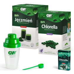 Zestaw Green Ways Bio Chlorella w tabletkach + Bio Sok z Jęczmienia w proszku + shaker + miarka + pojemnik