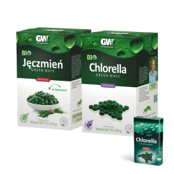 Zestaw Green Ways Bio Chlorella w tabletkach + Bio Sok z Jęczmienia w tabletkach + pojemnik